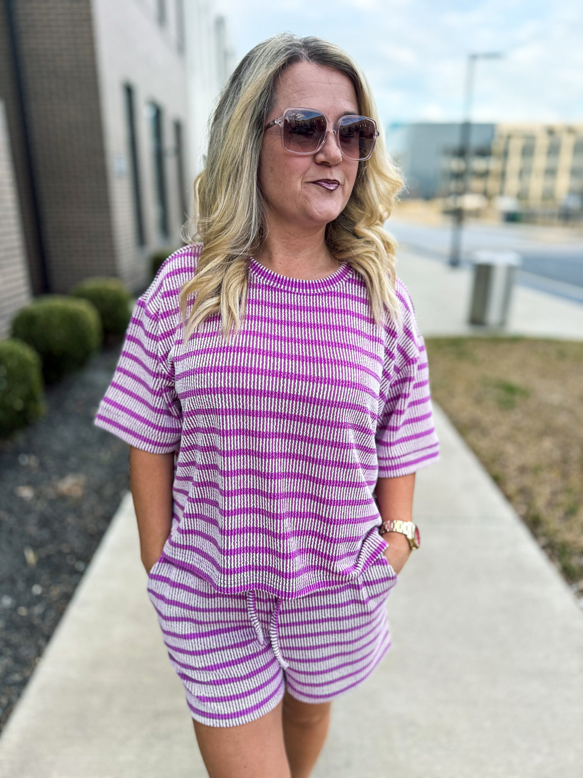 Ribbed Striped Shorts Set-Purple
