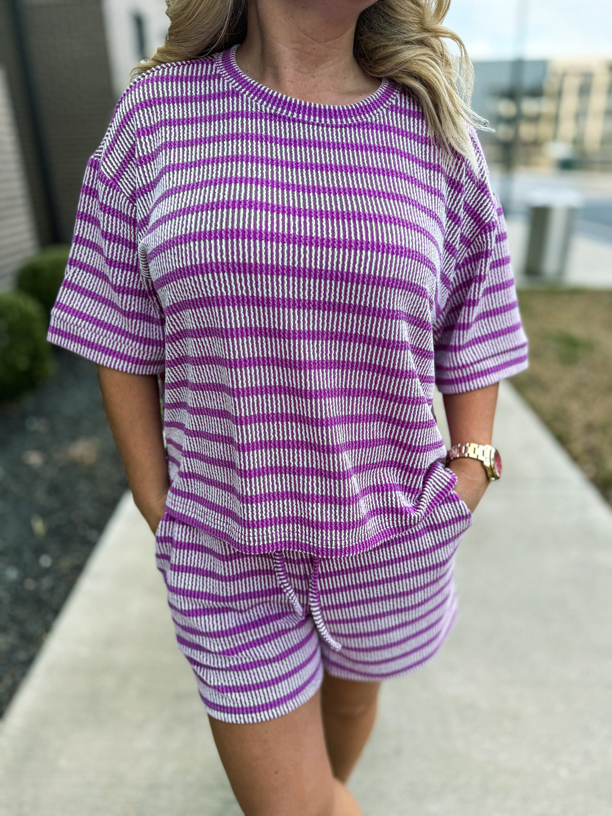 Ribbed Striped Shorts Set-Purple