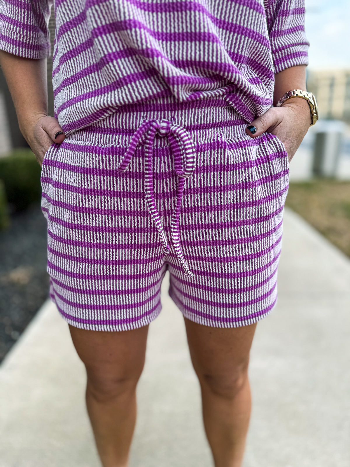 Ribbed Striped Shorts Set-Purple