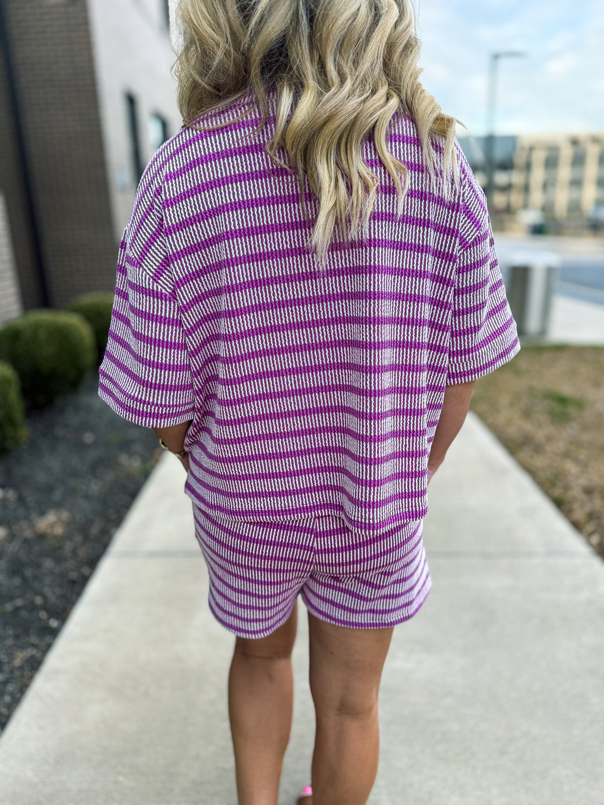 Ribbed Striped Shorts Set-Purple