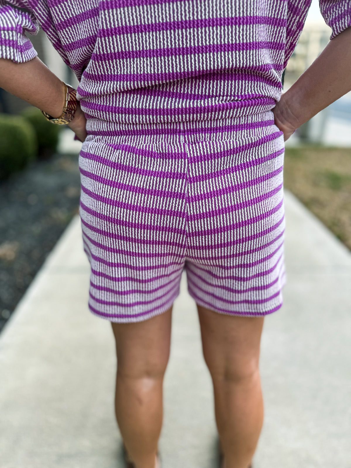 Ribbed Striped Shorts Set-Purple