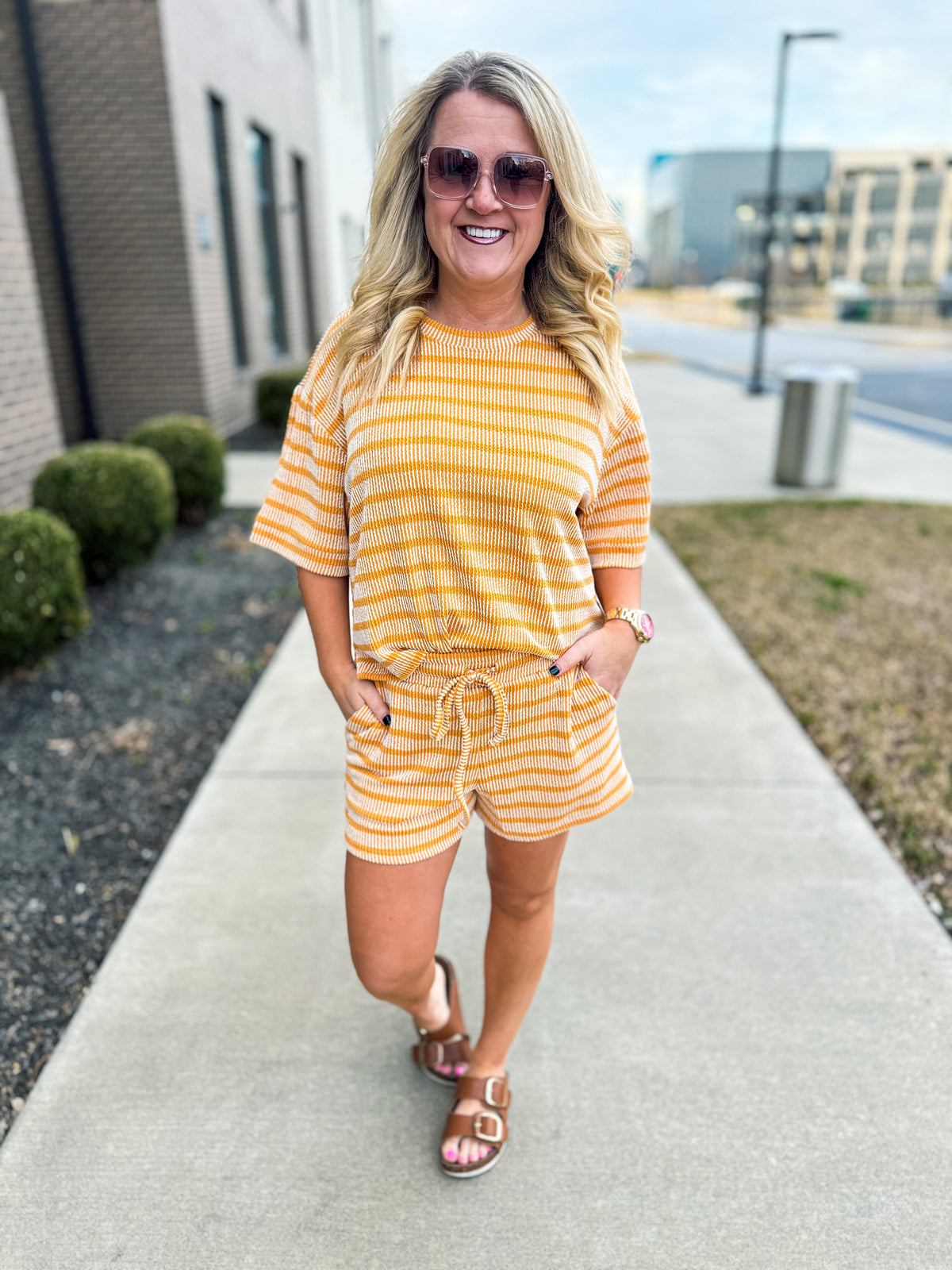 Ribbed Striped Shorts Set-Yellow