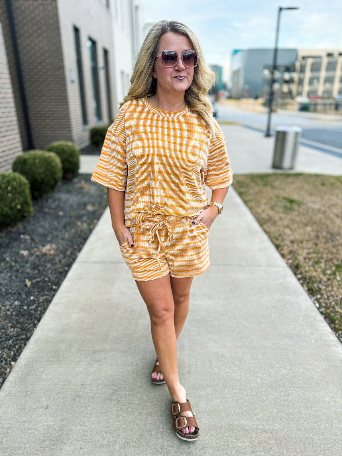 Ribbed Striped Shorts Set-Yellow