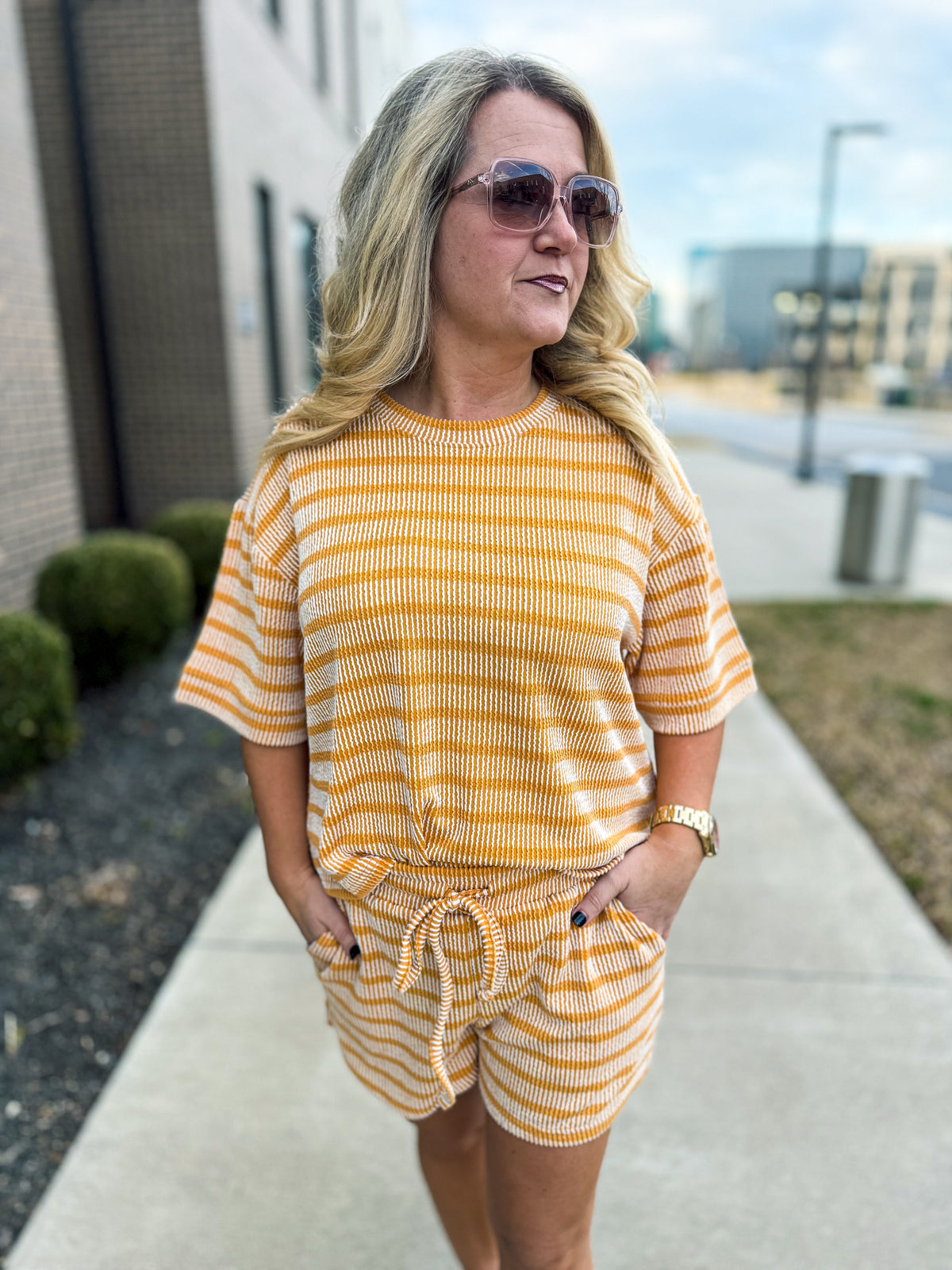 Ribbed Striped Shorts Set-Yellow