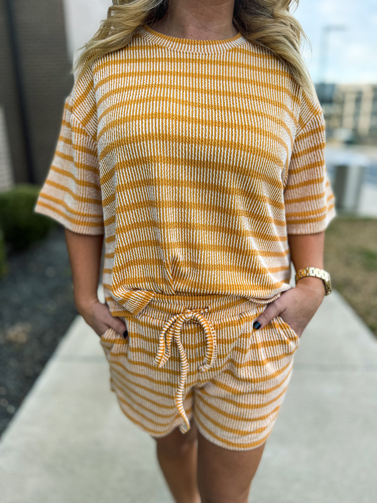 Ribbed Striped Shorts Set-Yellow