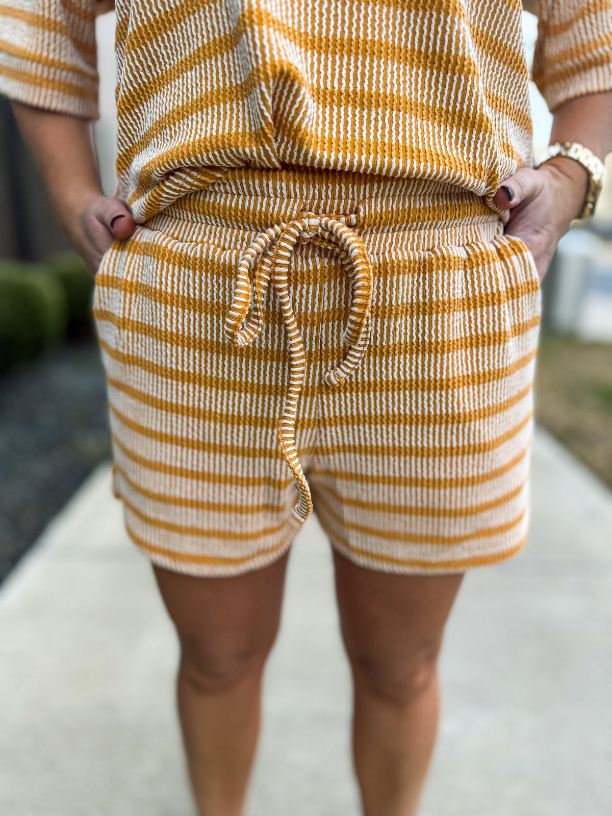 Ribbed Striped Shorts Set-Yellow