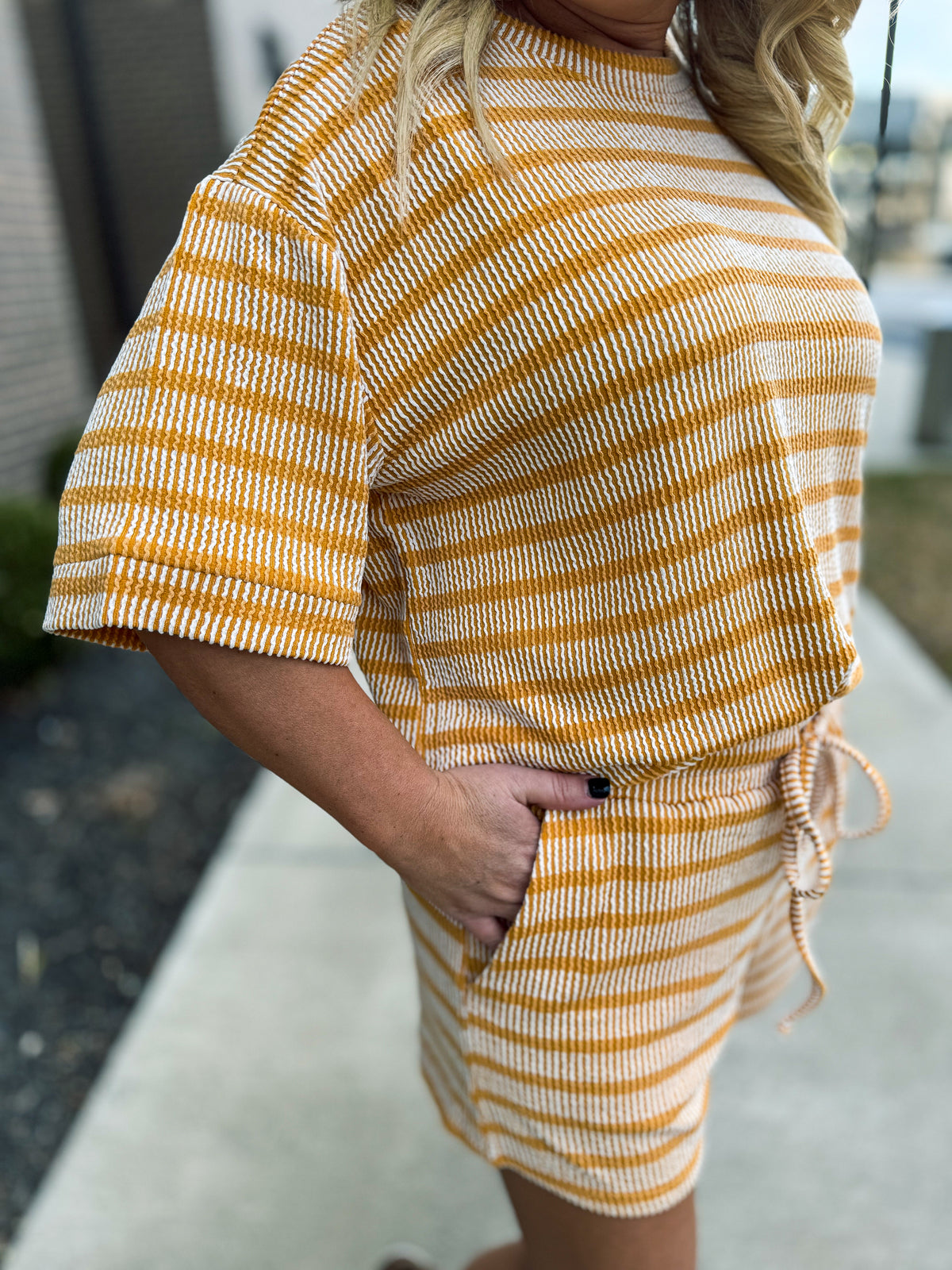 Ribbed Striped Shorts Set-Yellow