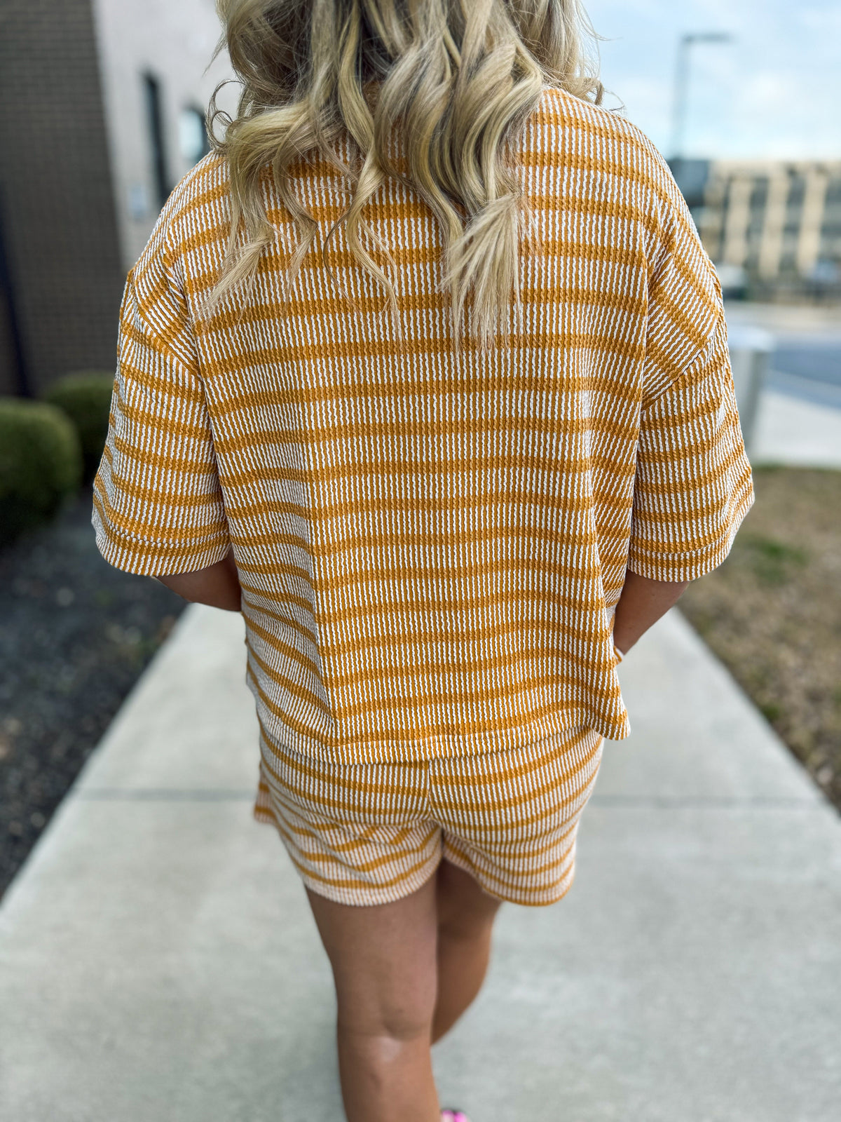 Ribbed Striped Shorts Set-Yellow