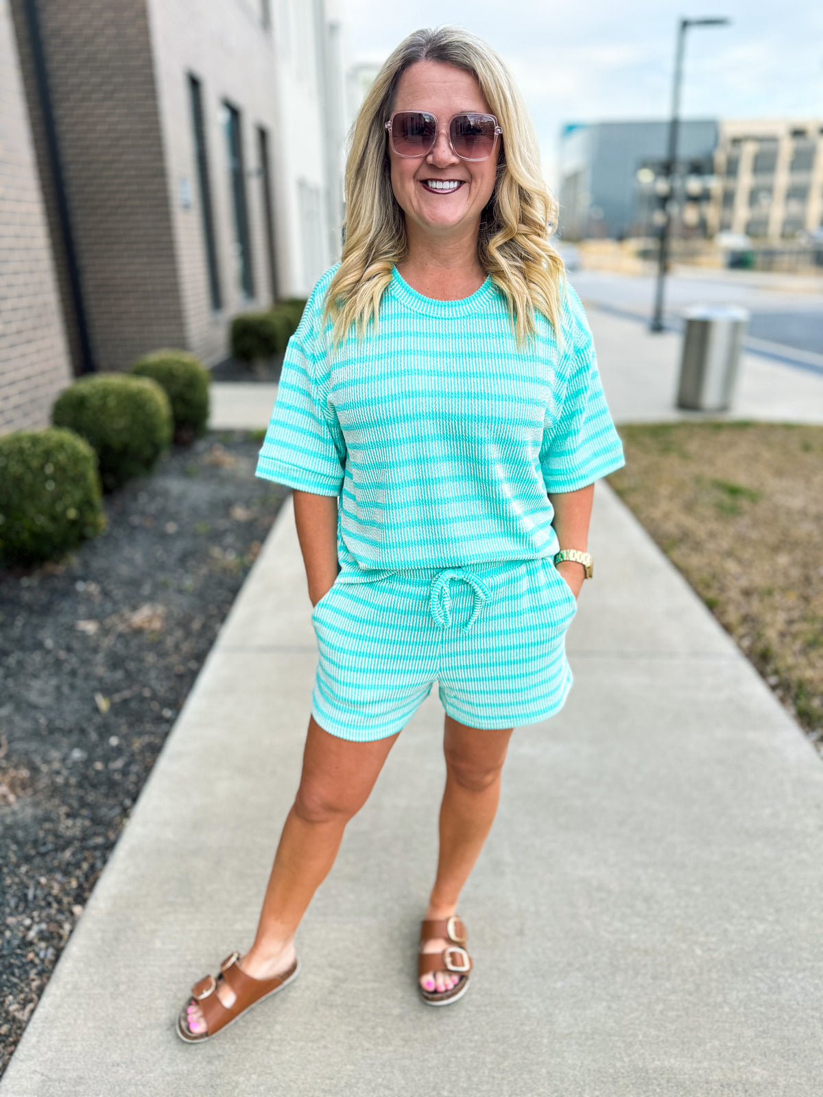 Ribbed Striped Shorts Set-Mint