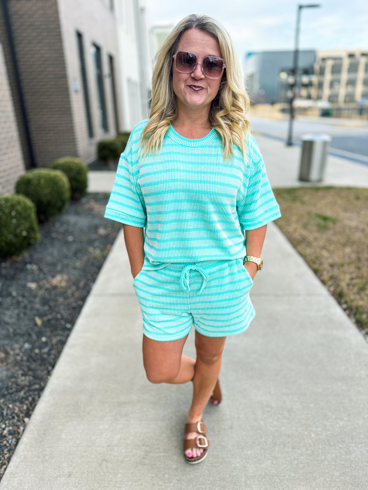 Ribbed Striped Shorts Set-Mint