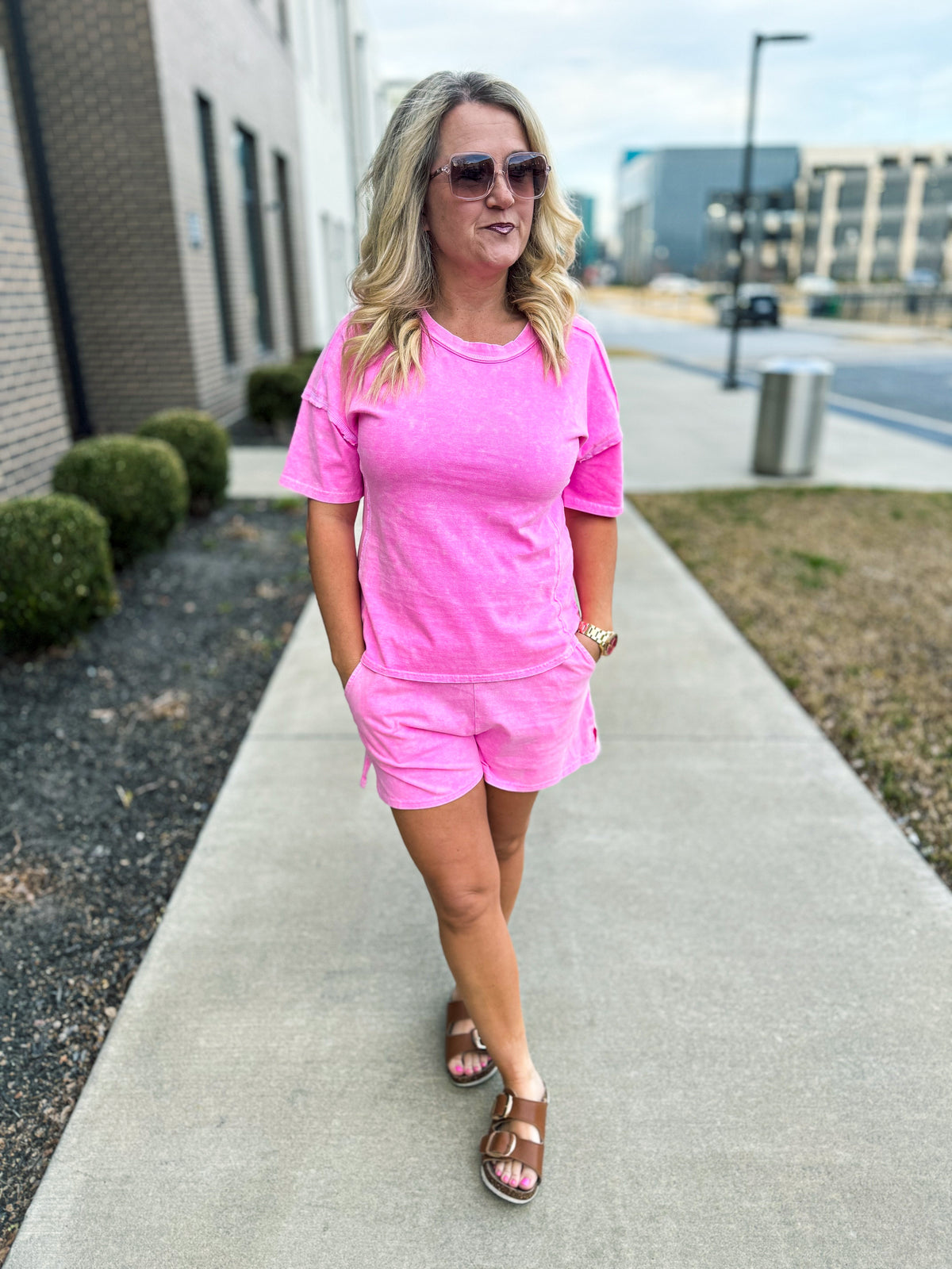 Washed Short Sleeve Set-Pink