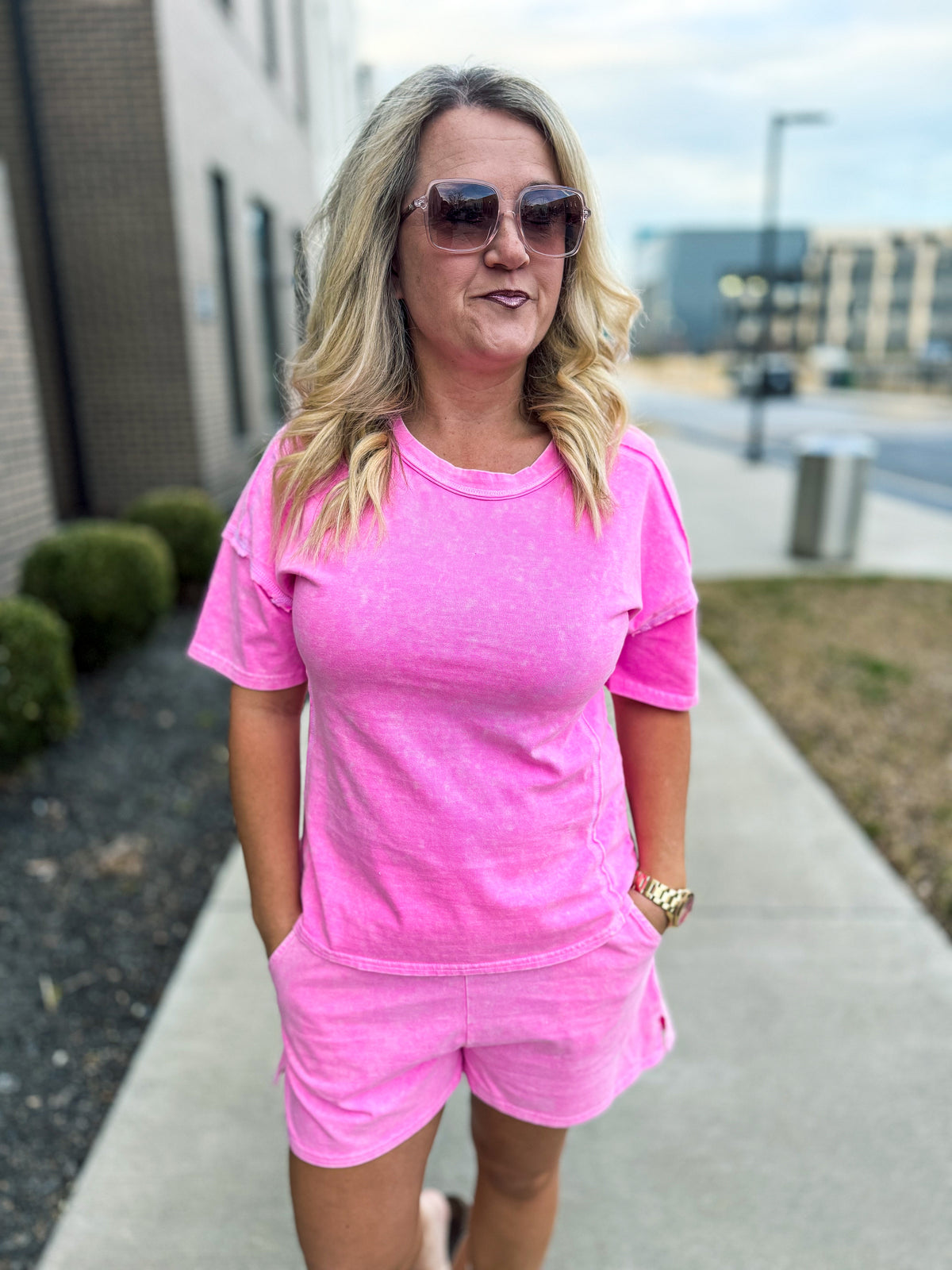 Washed Short Sleeve Set-Pink