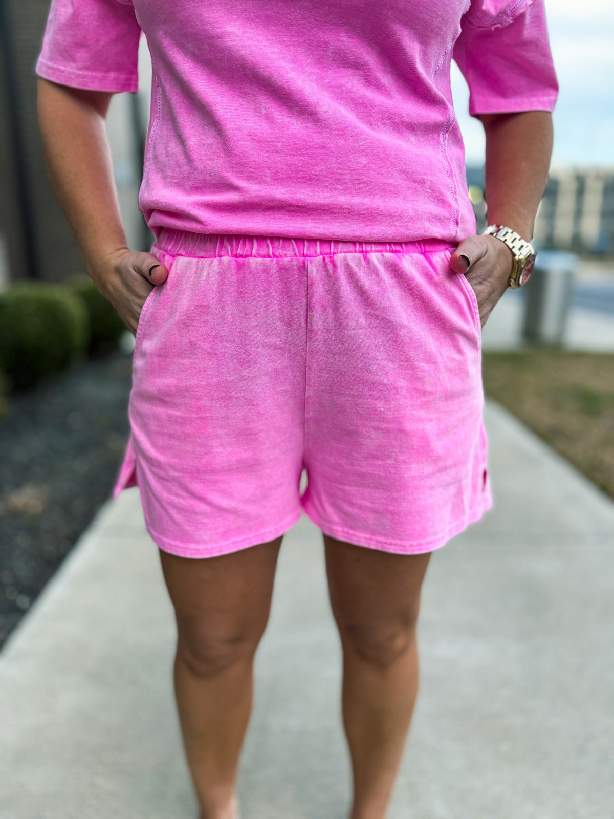 Washed Short Sleeve Set-Pink
