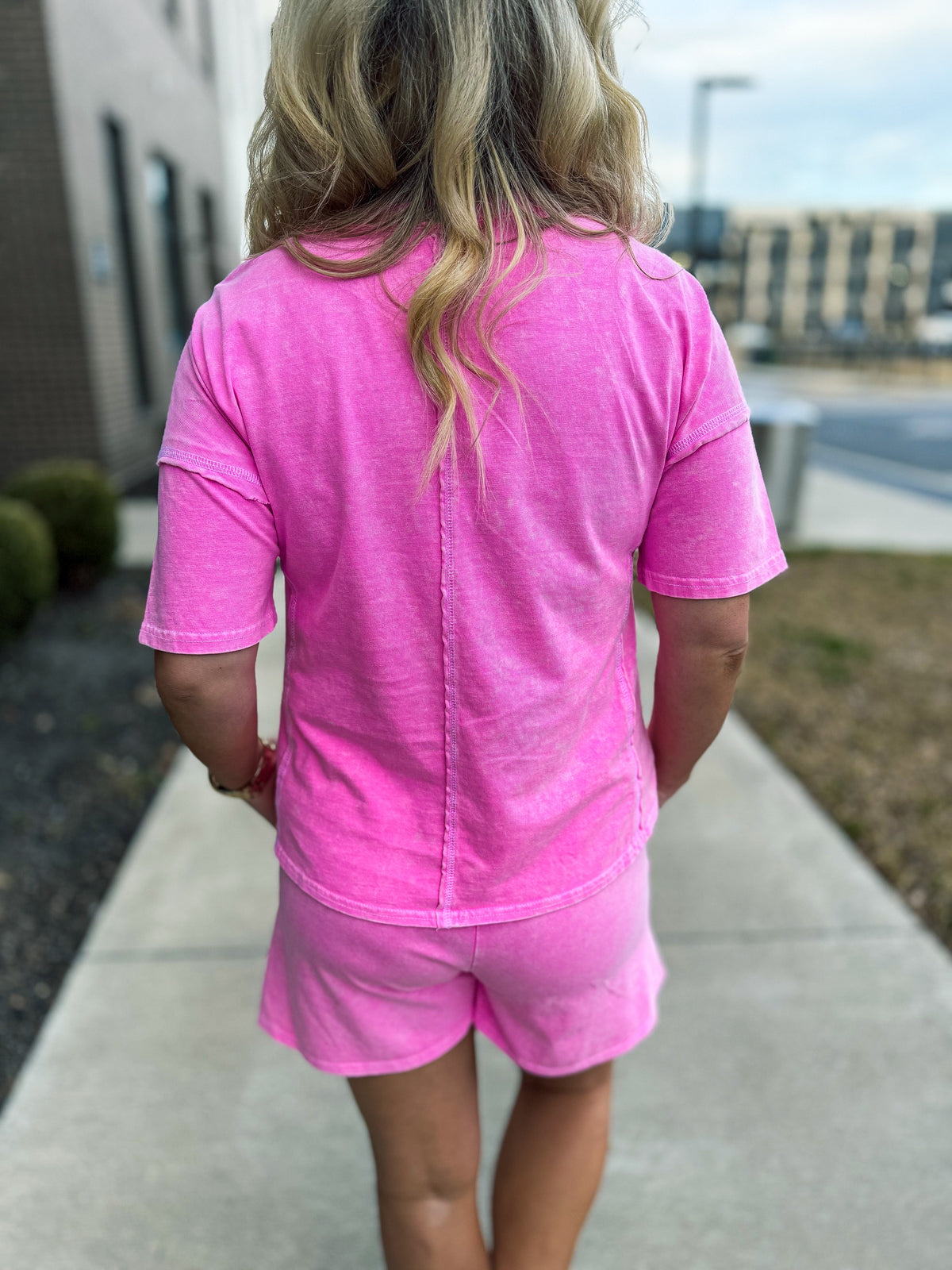 Washed Short Sleeve Set-Pink