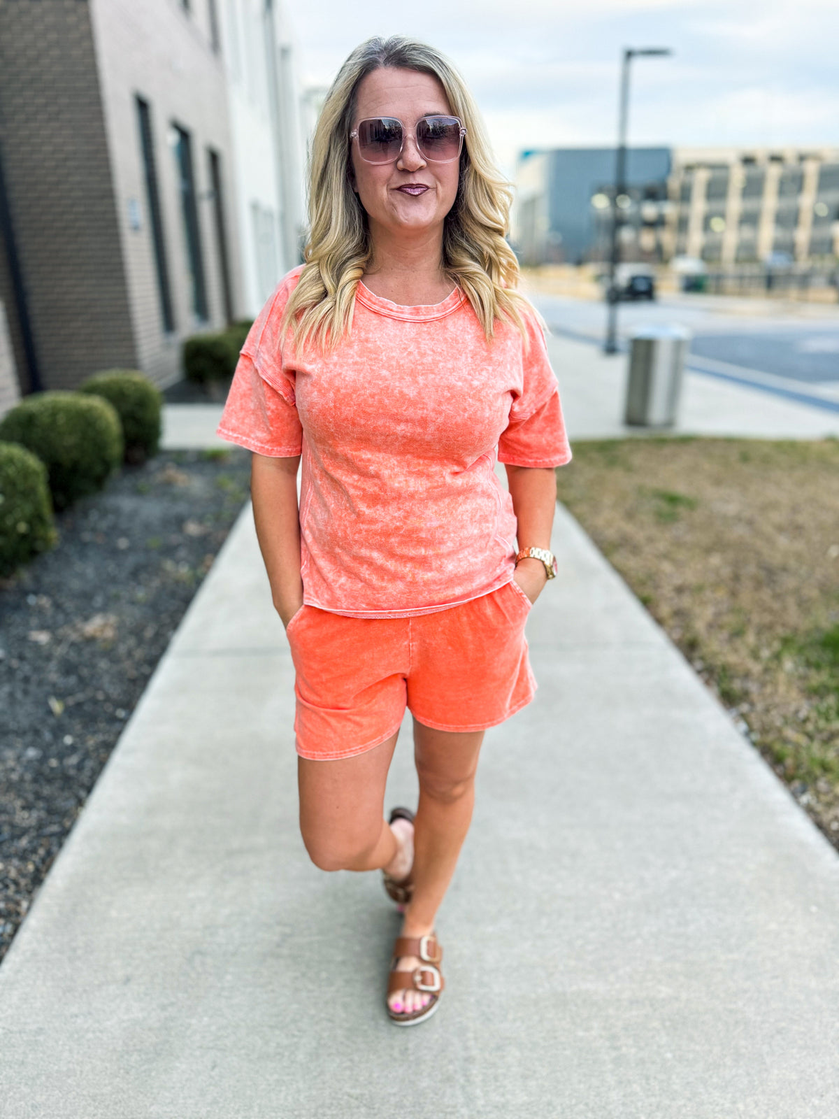 Washed Short Sleeve Set-Orange