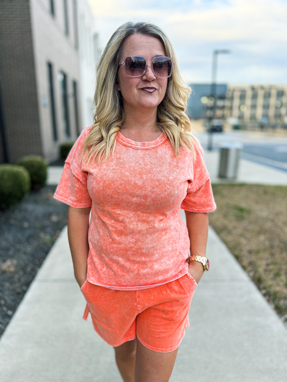 Washed Short Sleeve Set-Orange