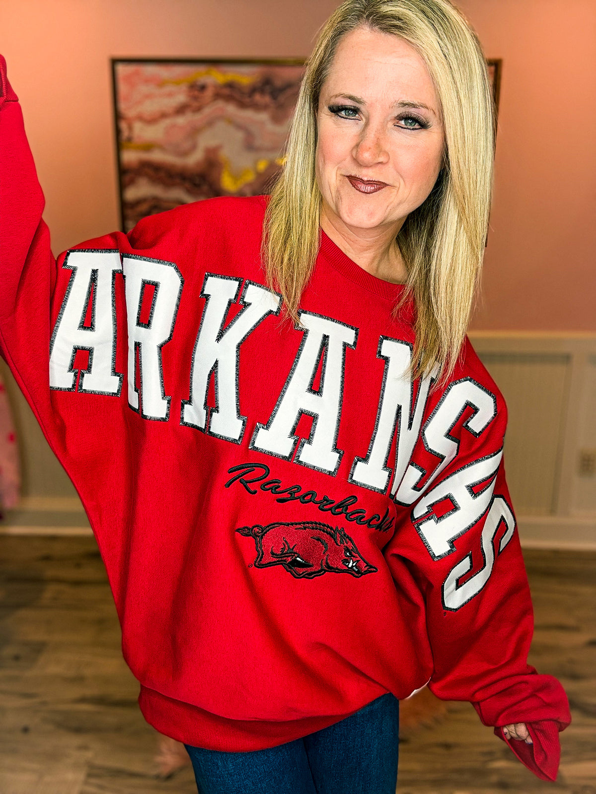 Arkansas Embroidered Pullover-Red
