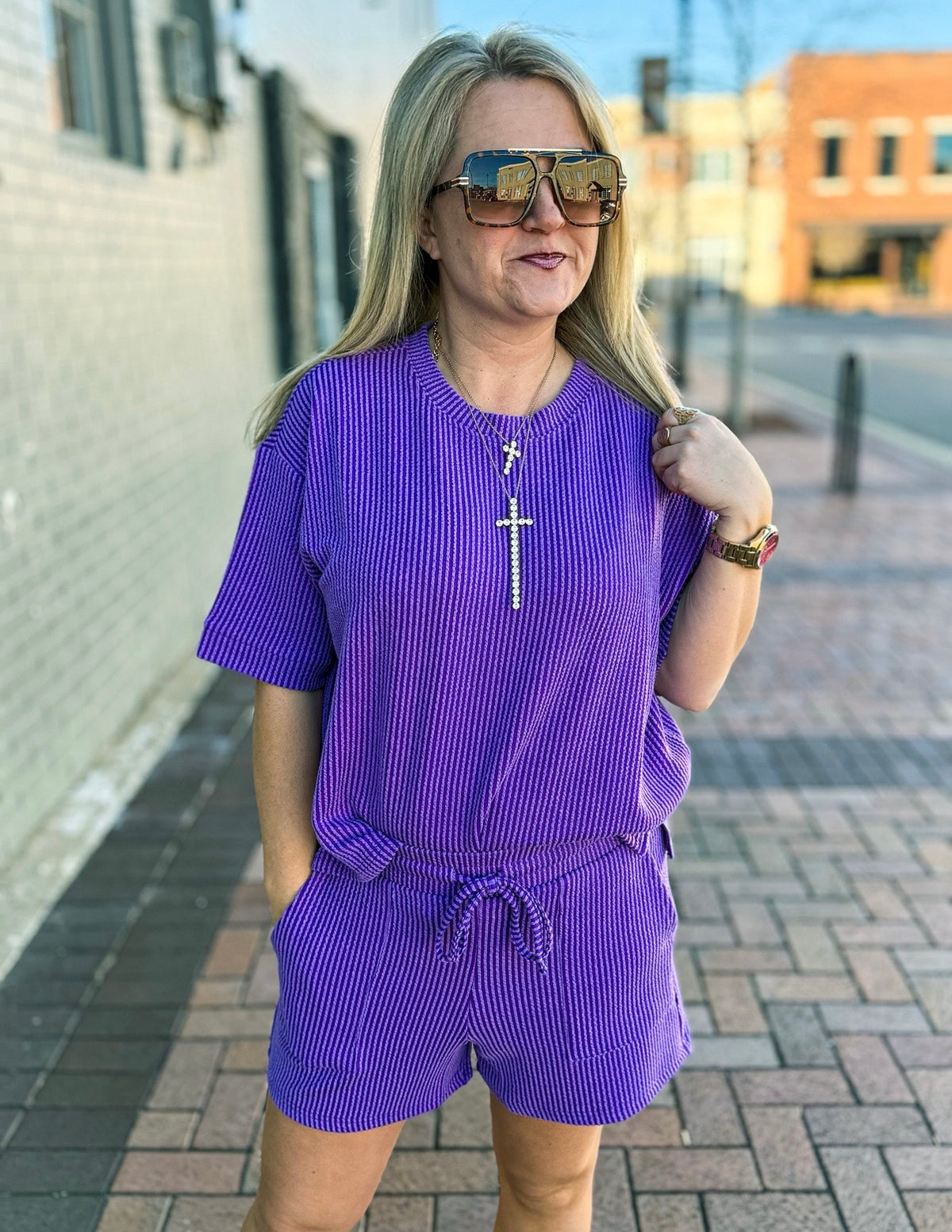 Ribbed Shorts Set-Purple