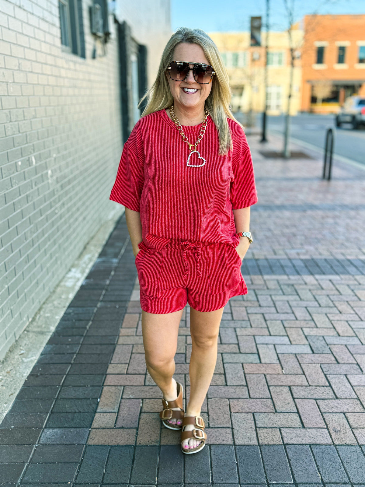 Ribbed Shorts Set-Red