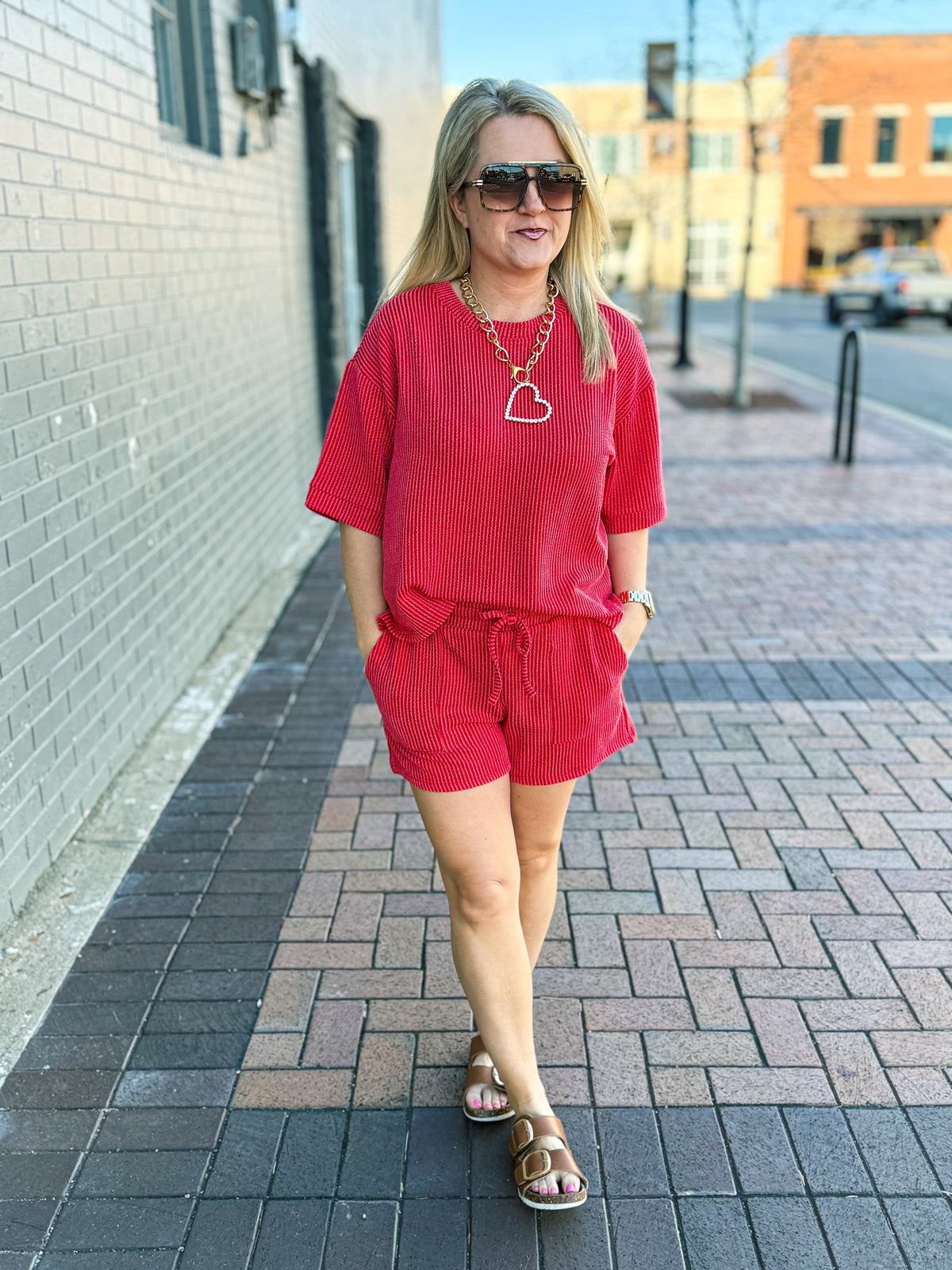 Ribbed Shorts Set-Red