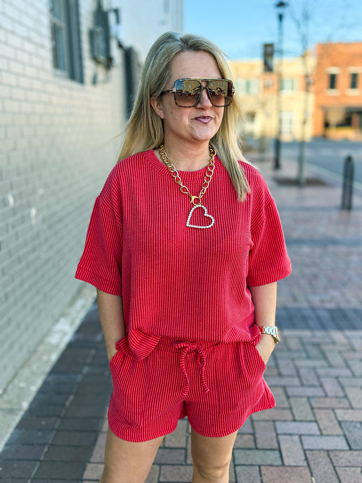 Ribbed Shorts Set-Red
