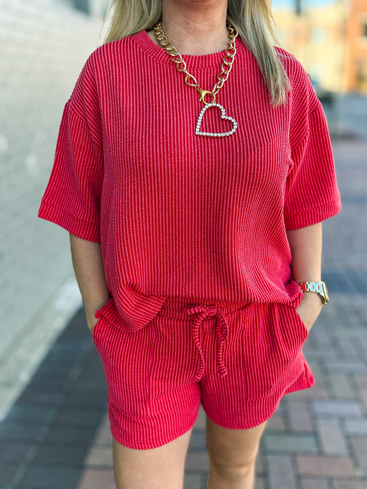 Ribbed Shorts Set-Red