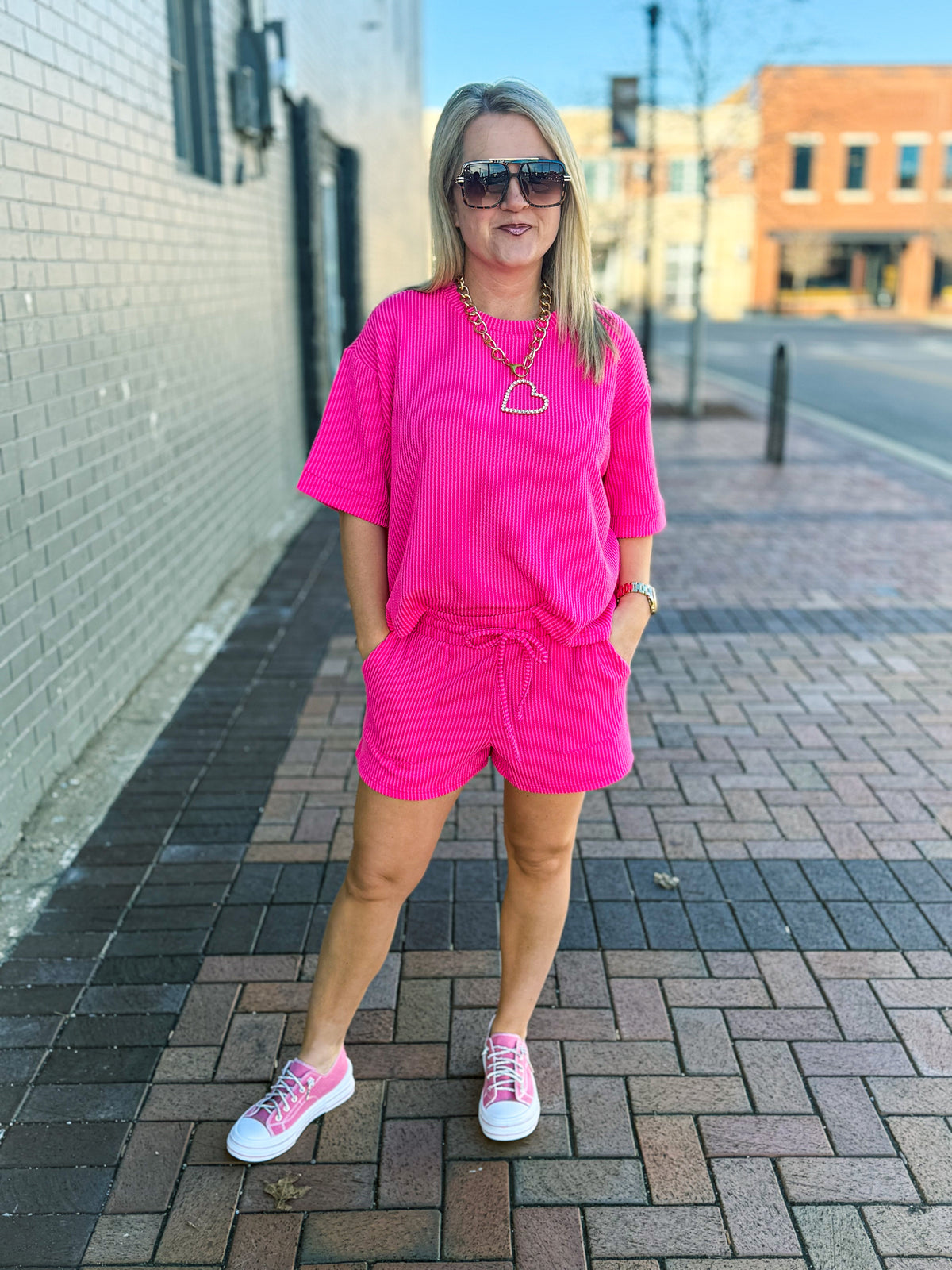 Ribbed Shorts Set-Hot Pink