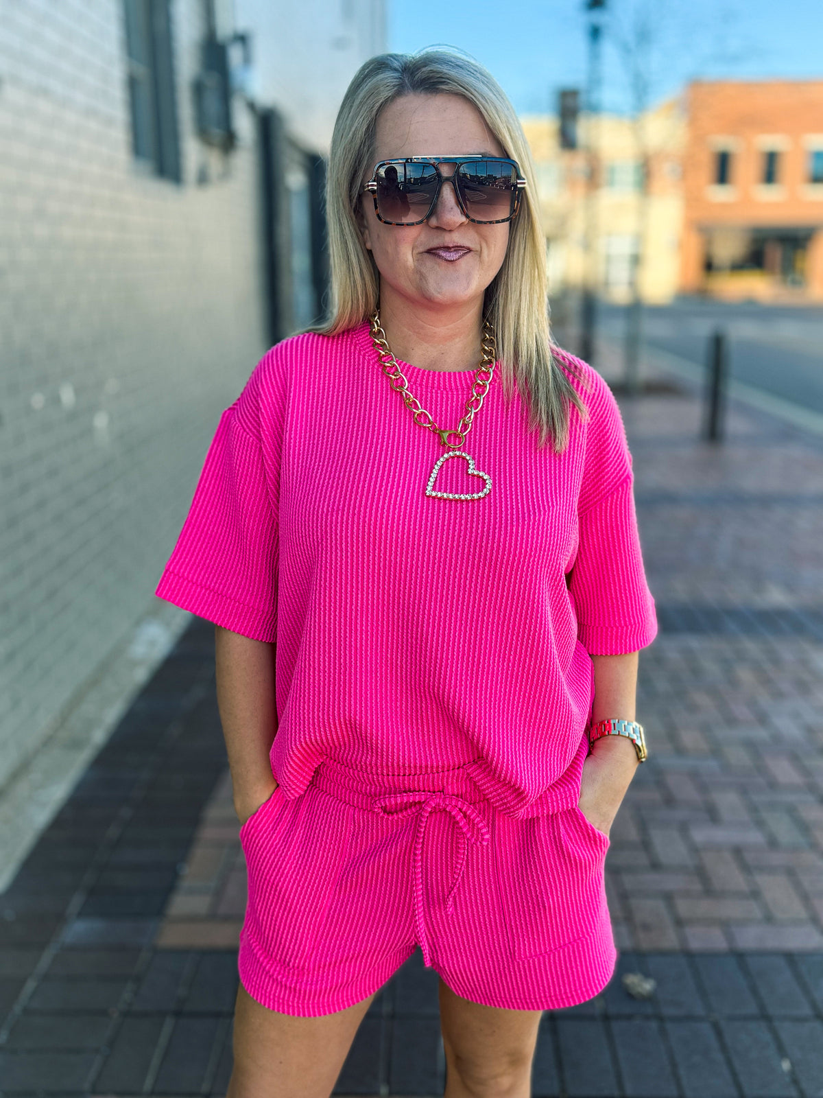 Ribbed Shorts Set-Hot Pink