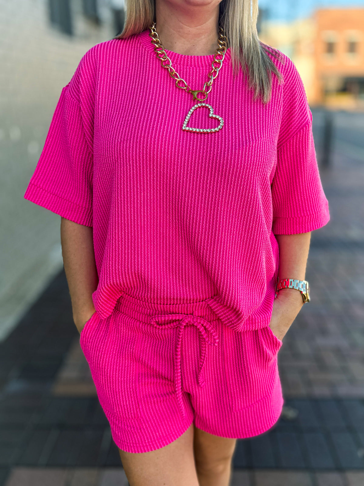 Ribbed Shorts Set-Hot Pink