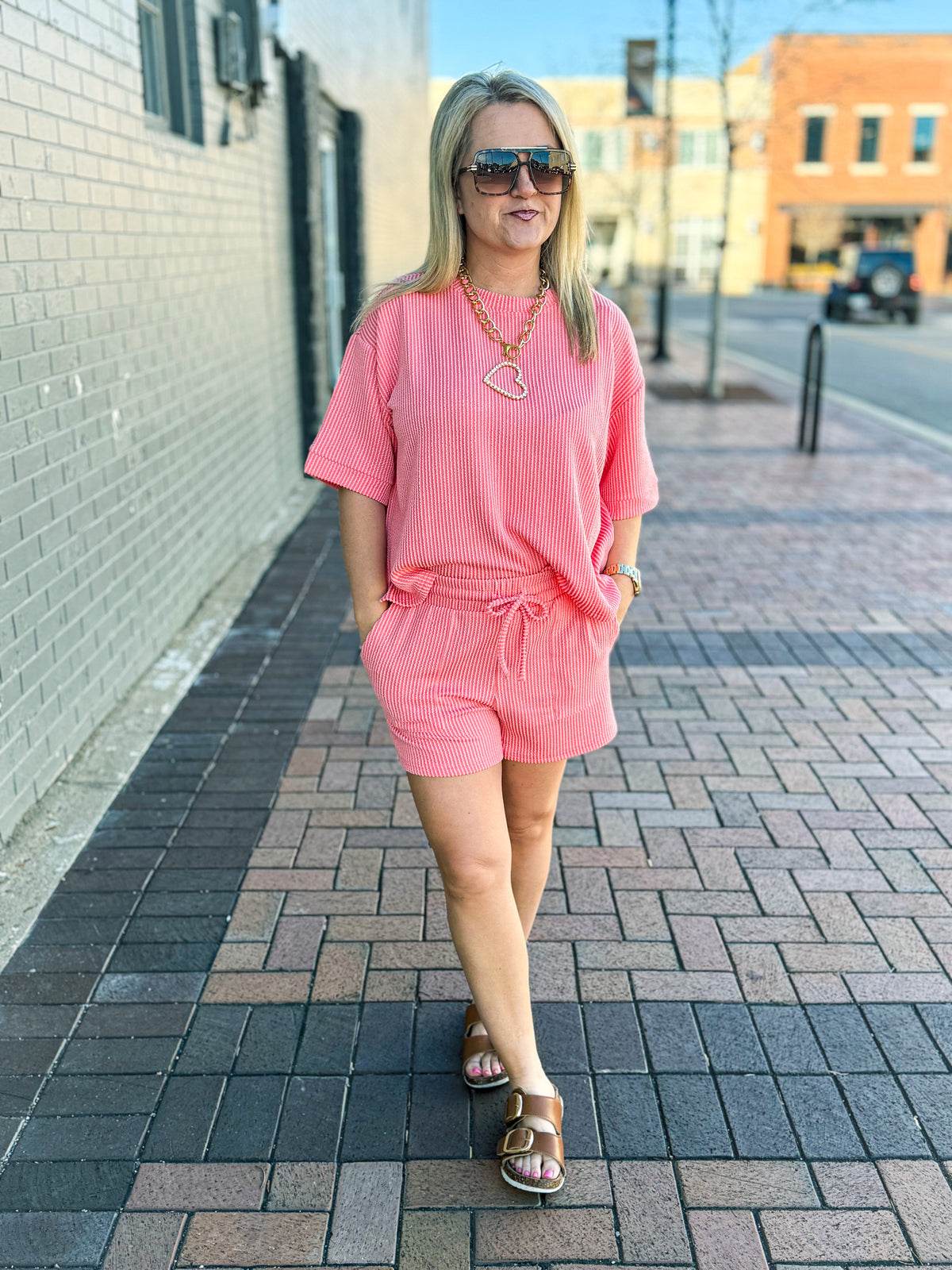Ribbed Shorts Set-Coral