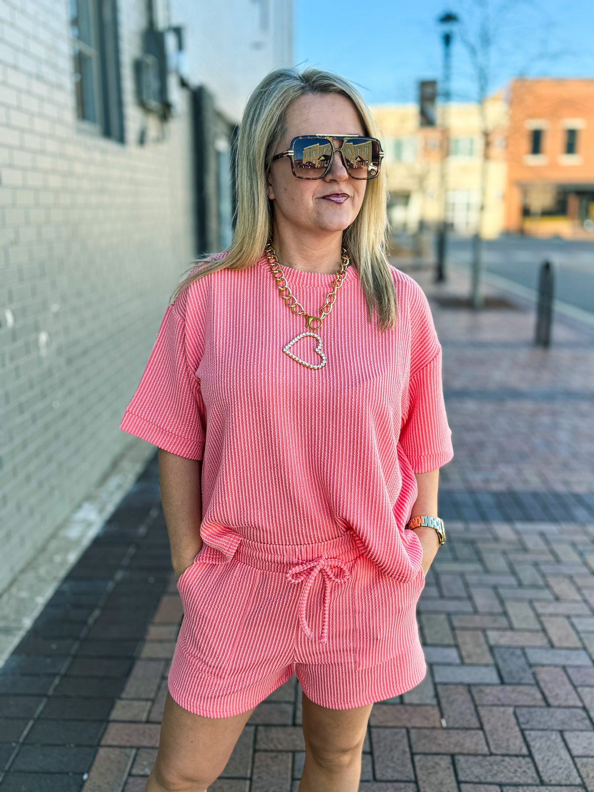 Ribbed Shorts Set-Coral
