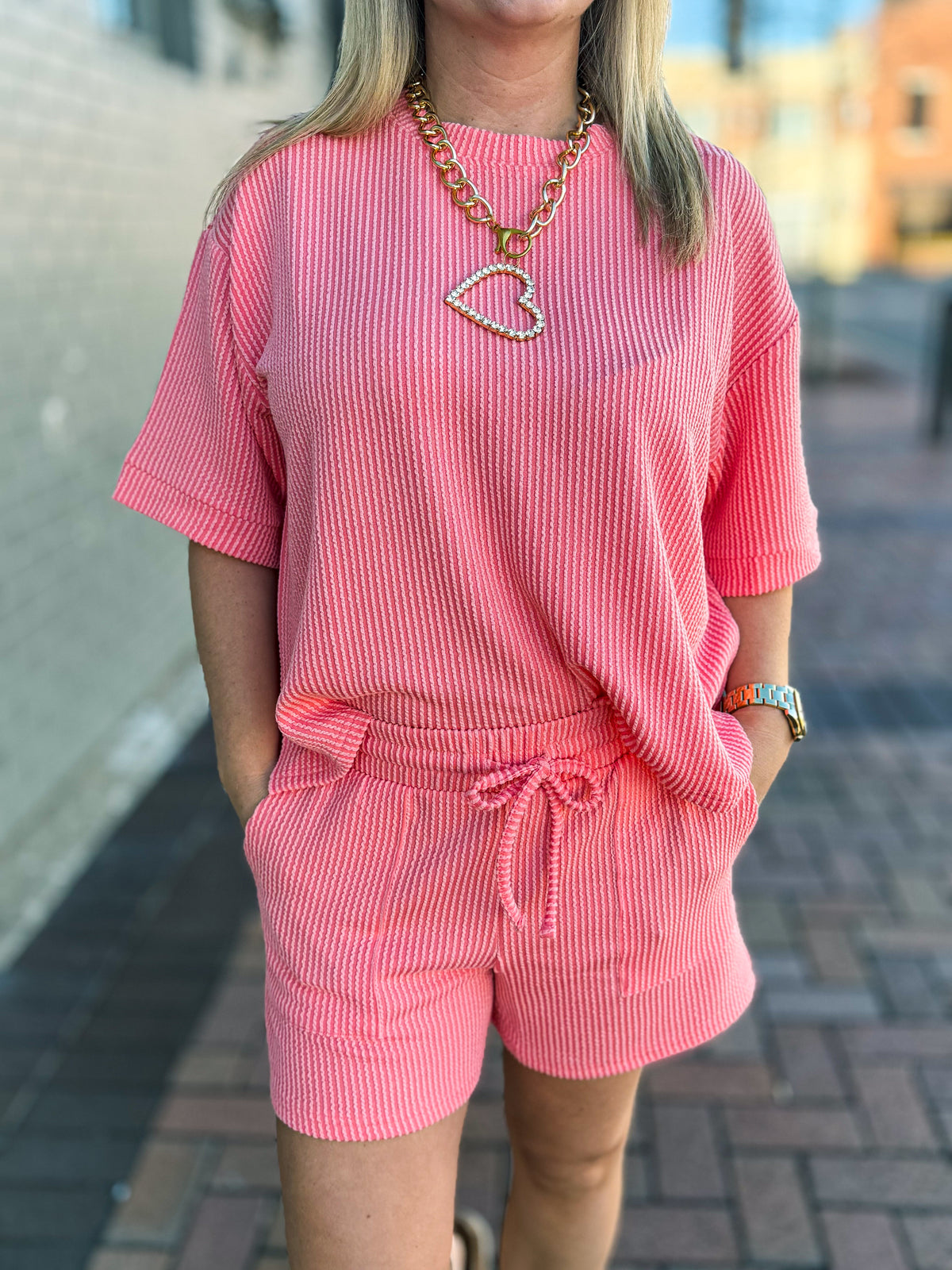 Ribbed Shorts Set-Coral