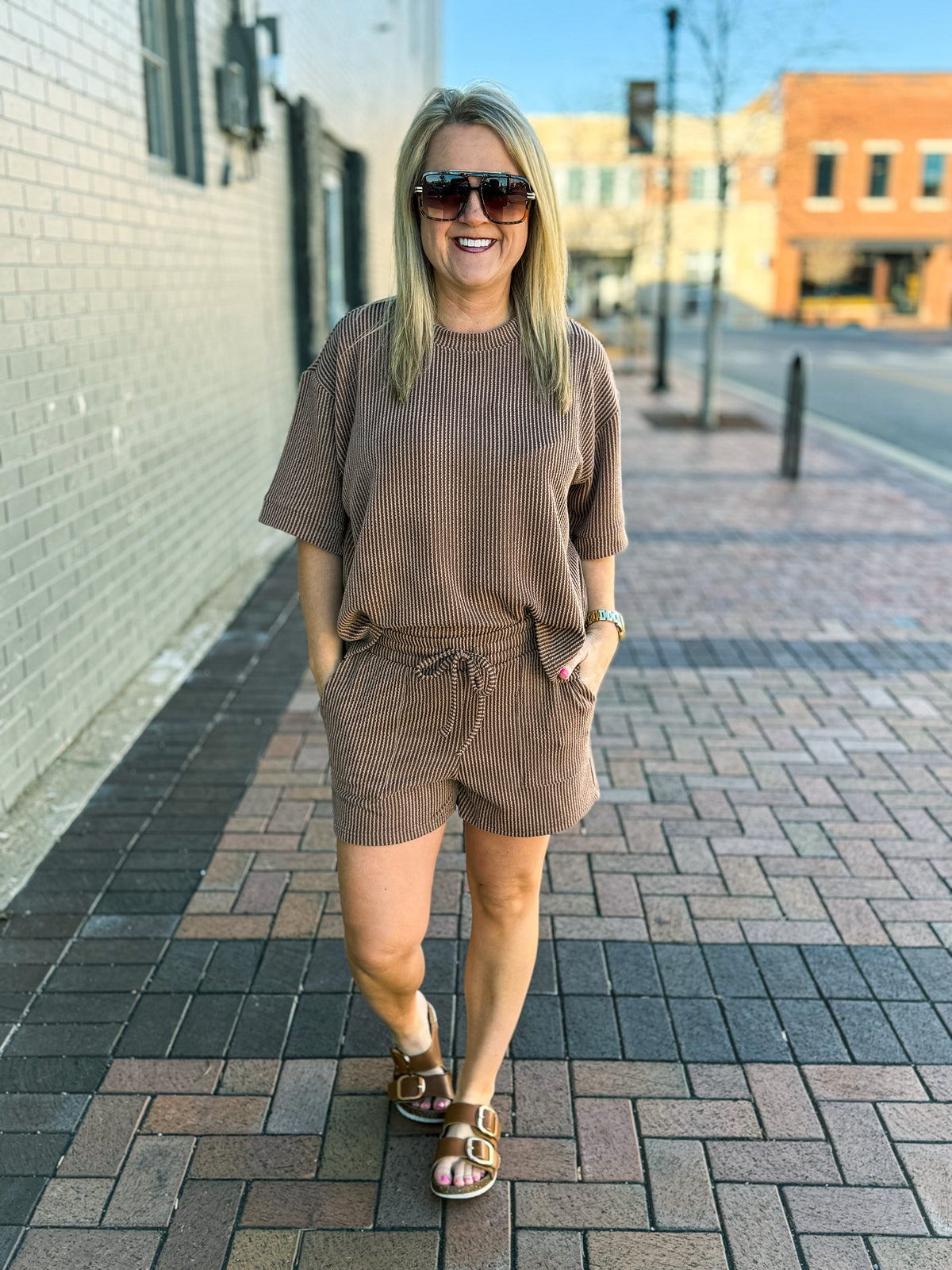 Ribbed Shorts Set-Brown