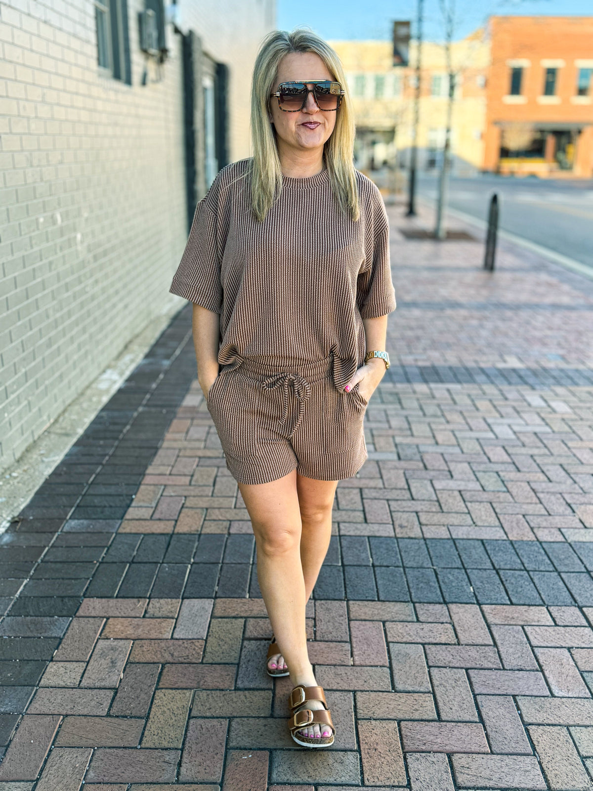 Ribbed Shorts Set-Brown