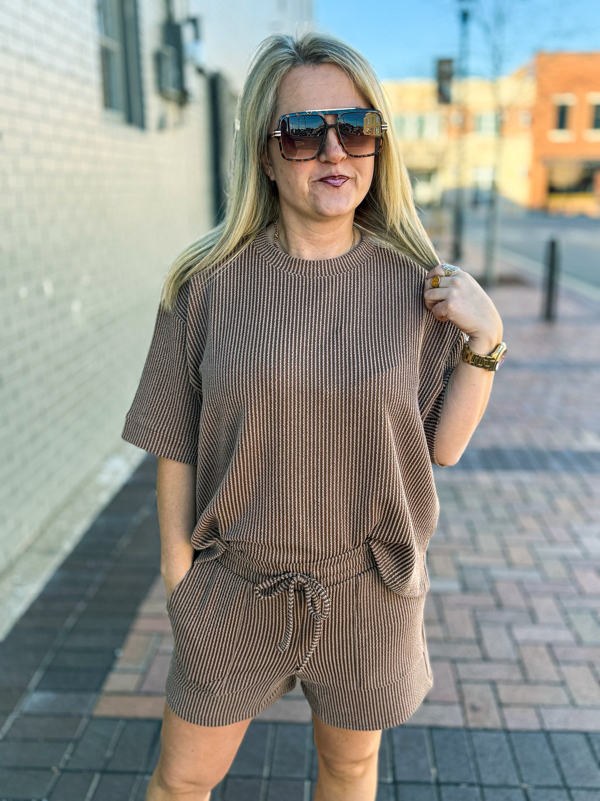 Ribbed Shorts Set-Brown
