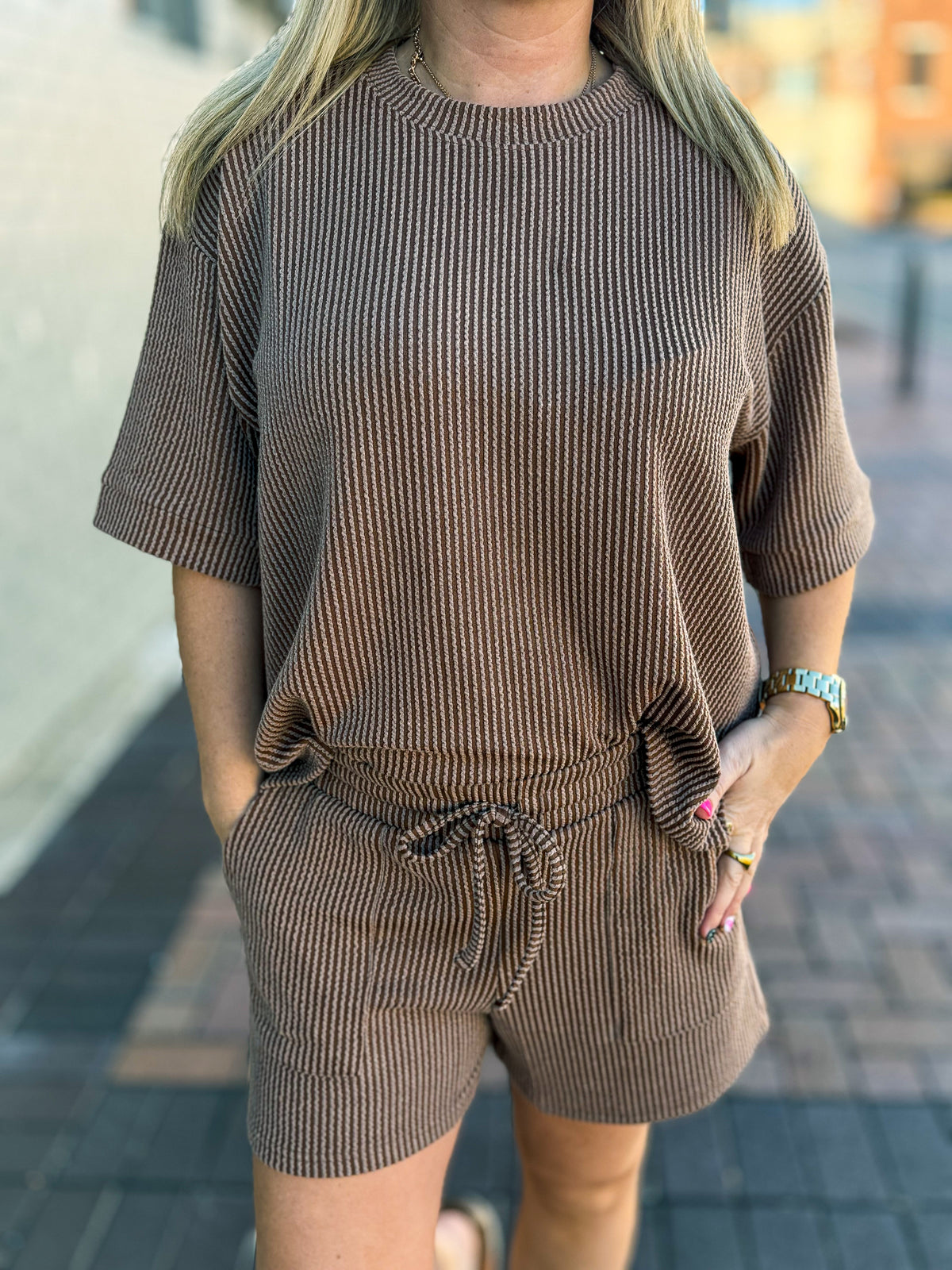 Ribbed Shorts Set-Brown
