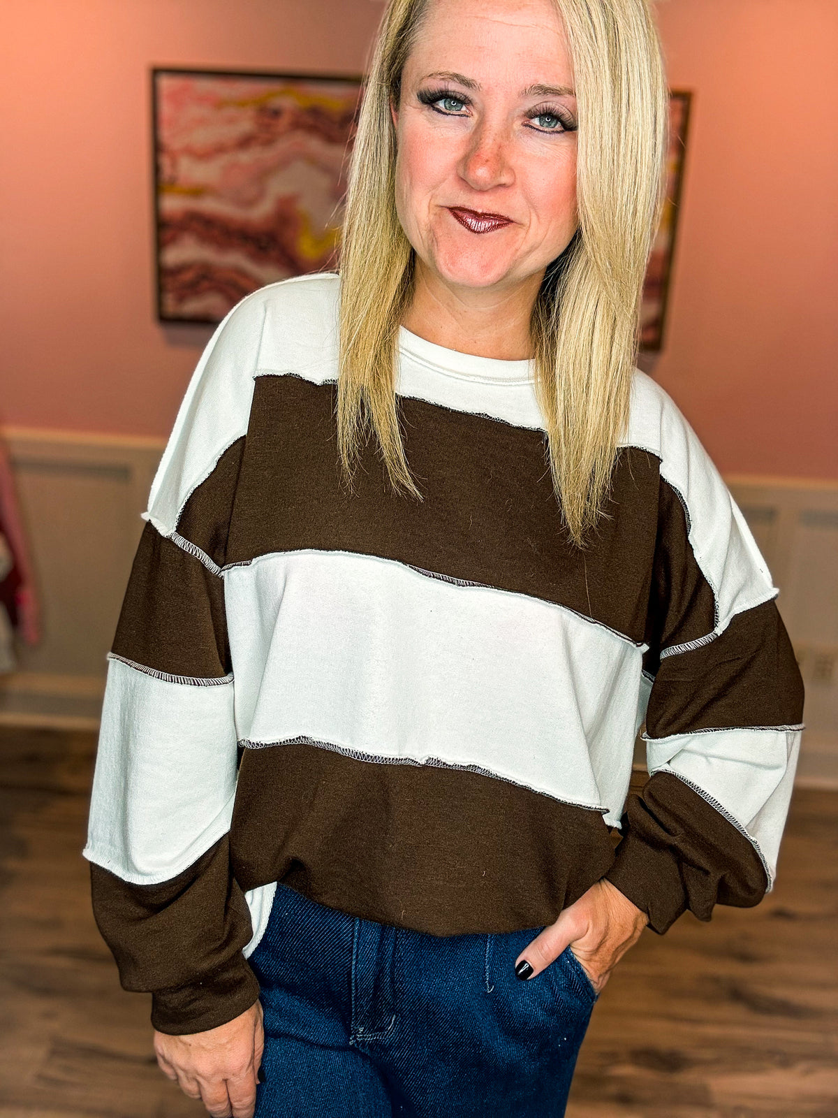 Zenana Striped Pullover-Brown