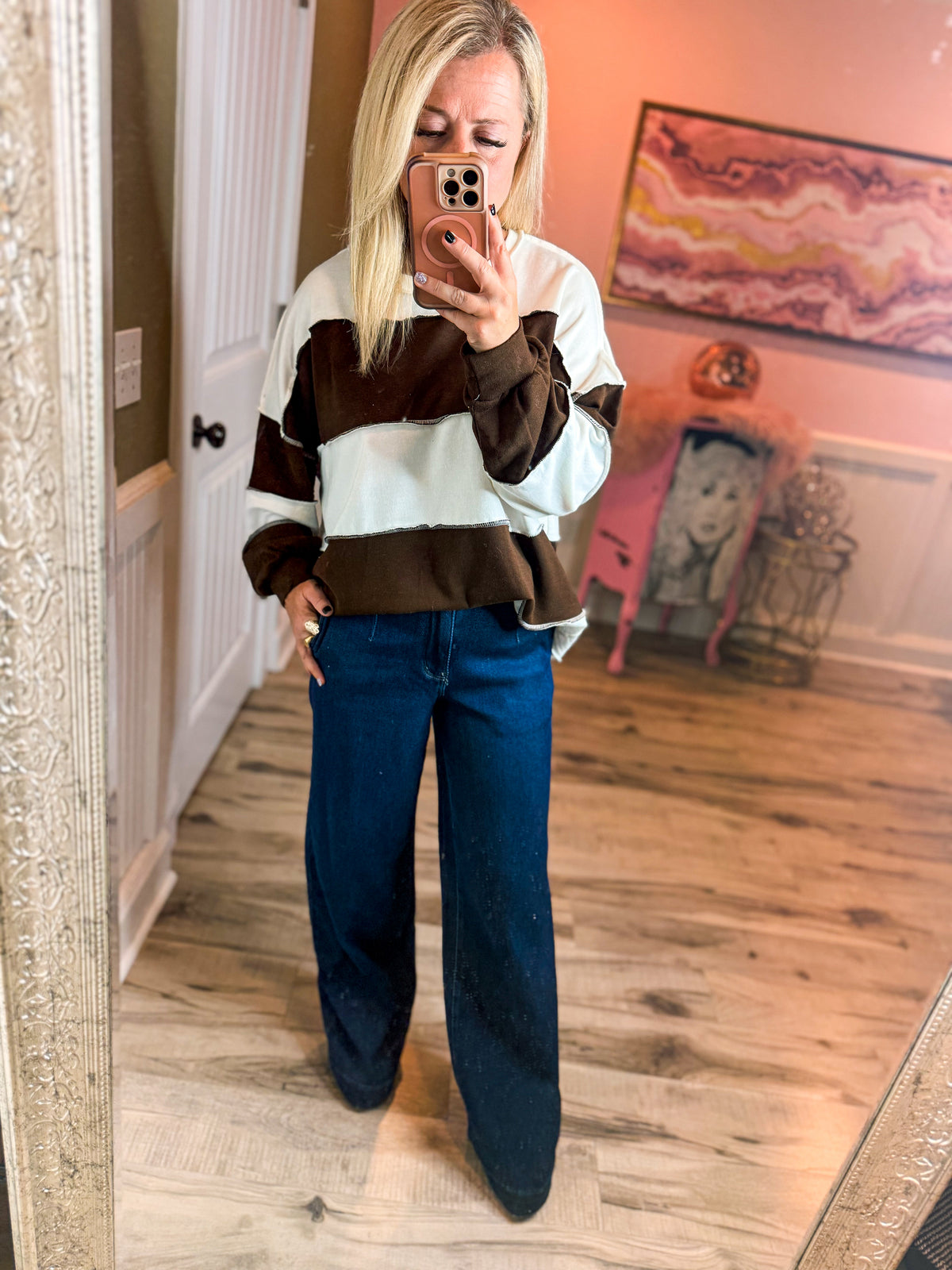 Zenana Striped Pullover-Brown
