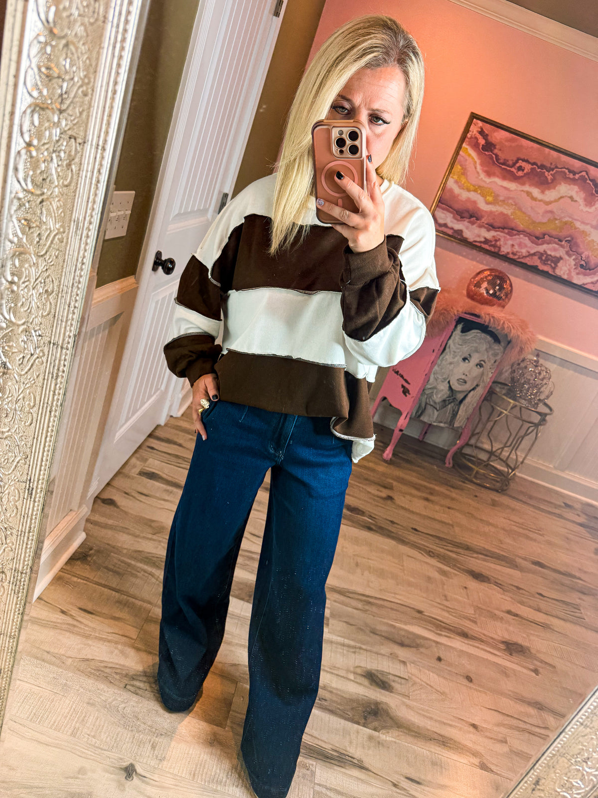 Zenana Striped Pullover-Brown