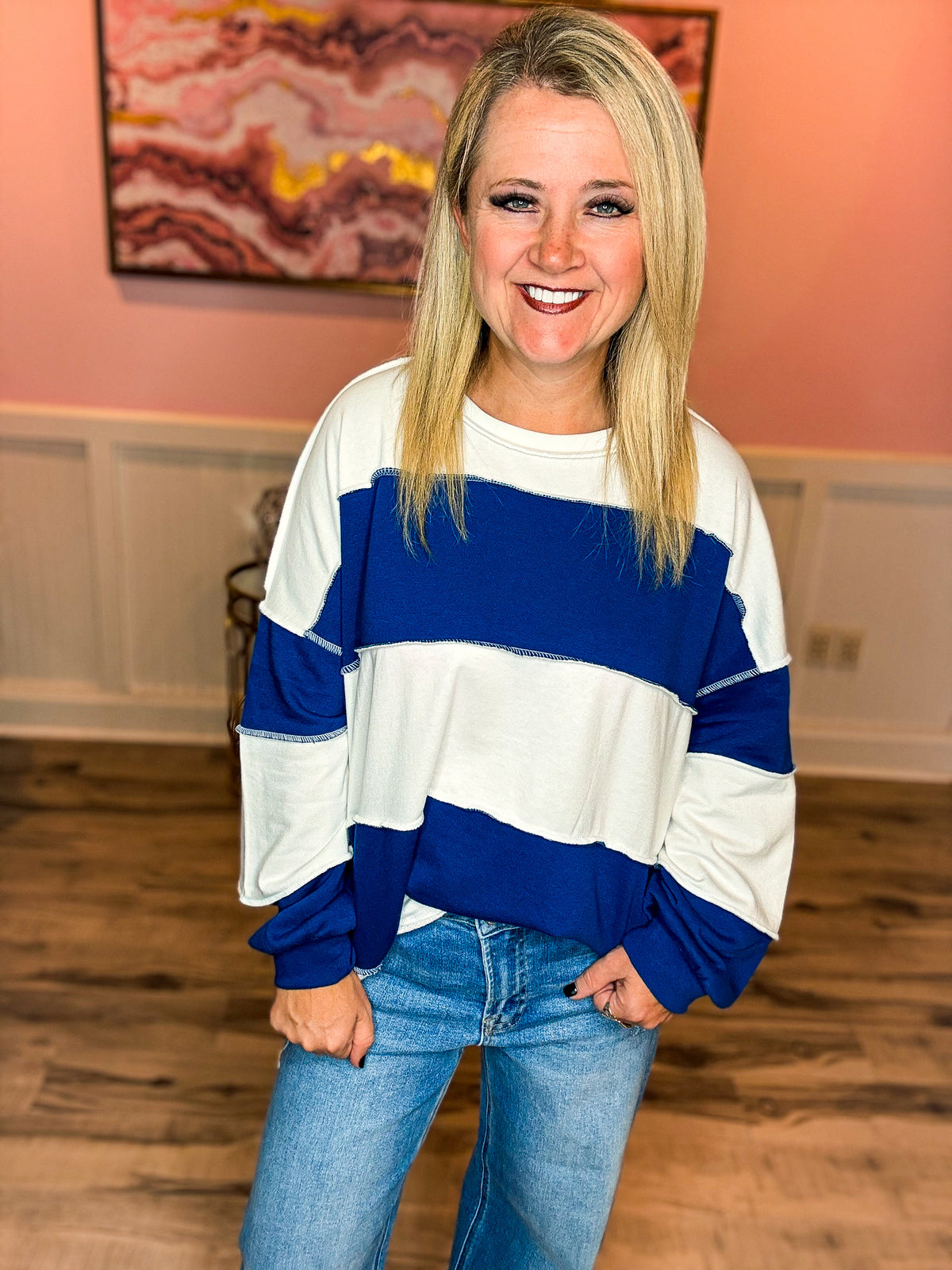 Zenana Striped Pullover-Blue