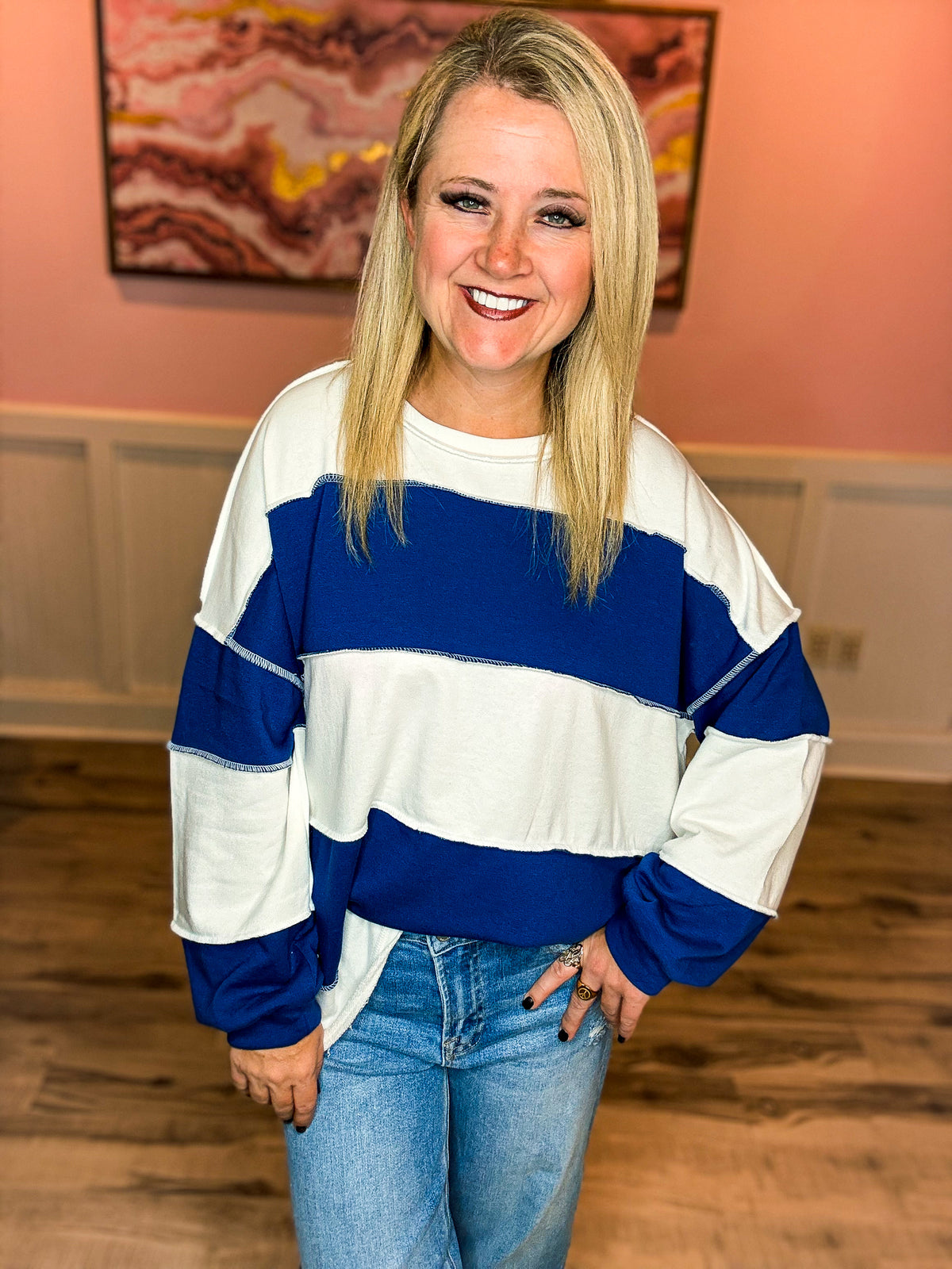Zenana Striped Pullover-Blue