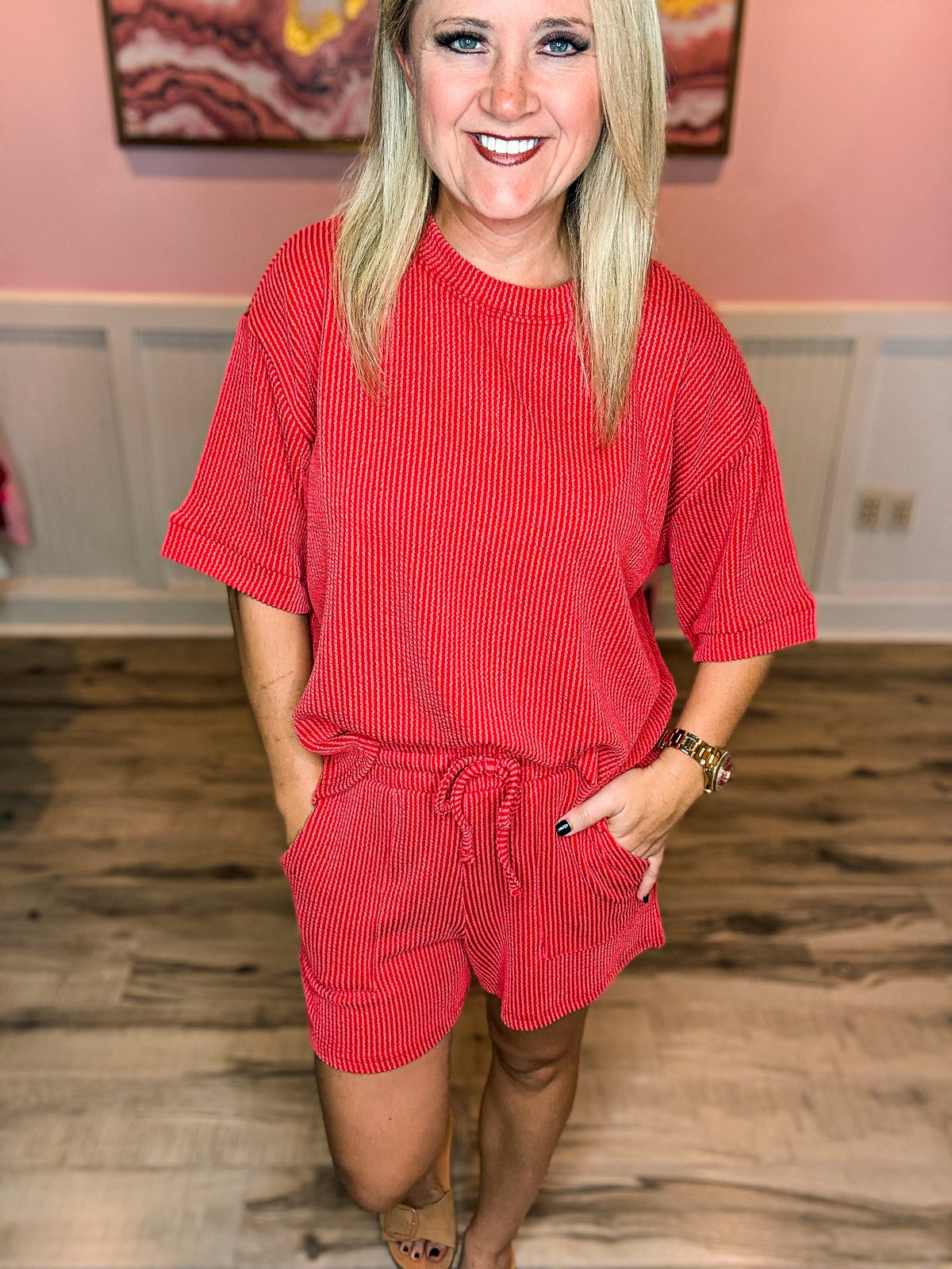 Ribbed Shorts Set-Red
