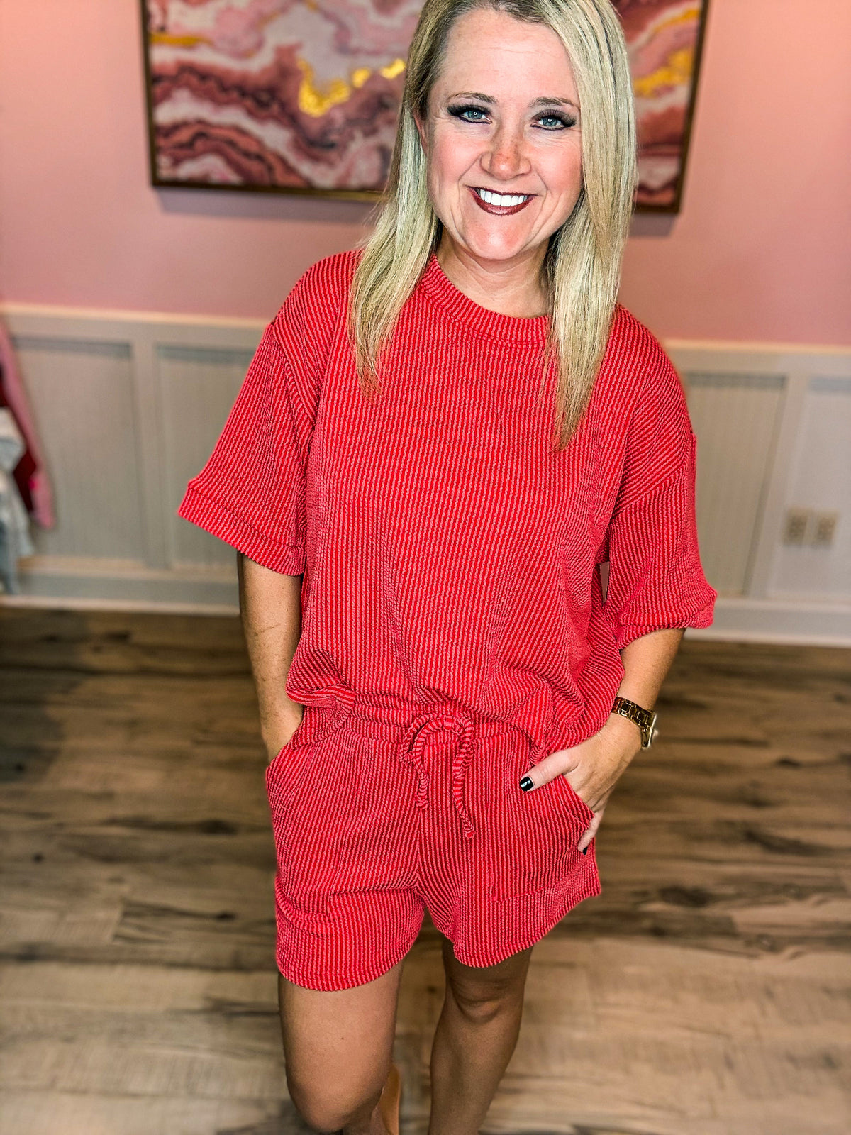 Ribbed Shorts Set-Red