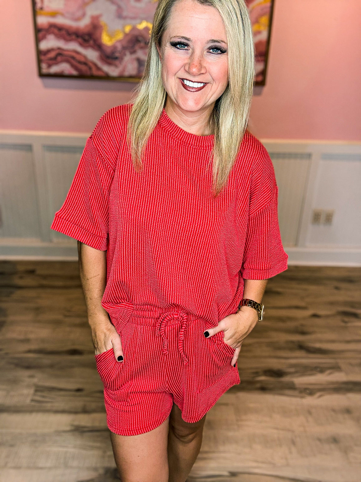 Ribbed Shorts Set-Red