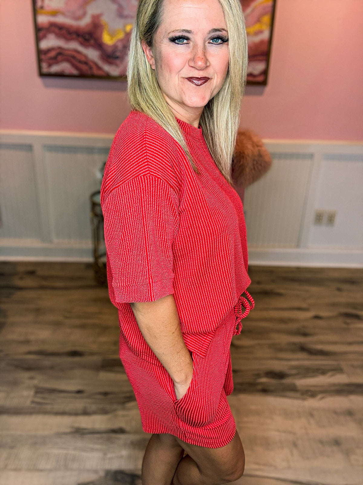 Ribbed Shorts Set-Red