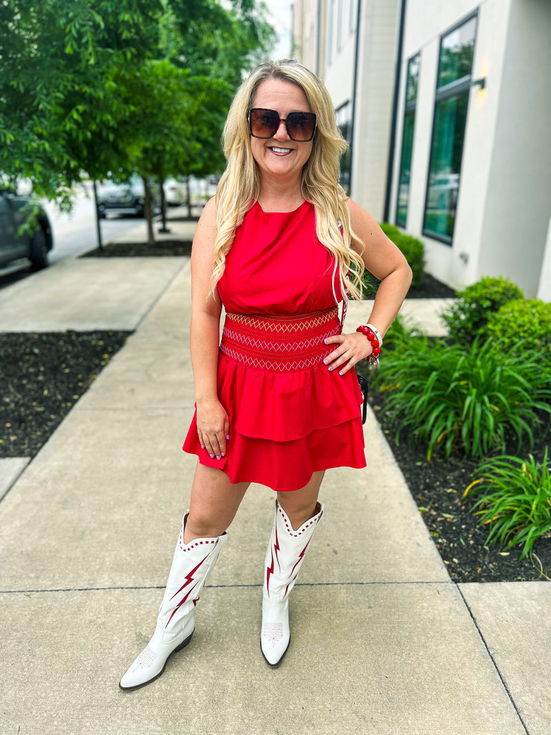 Open Back Mini Romper Dress-Red