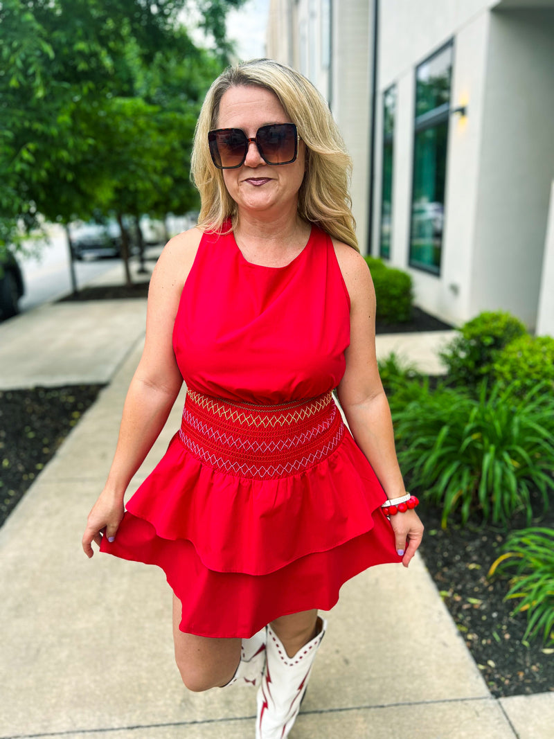 Open Back Mini Romper Dress-Red
