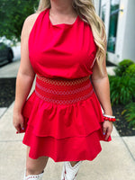 Open Back Mini Romper Dress-Red