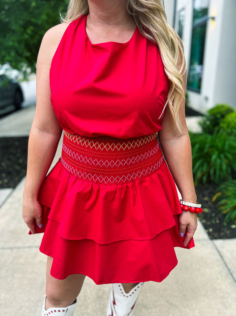 Open Back Mini Romper Dress-Red