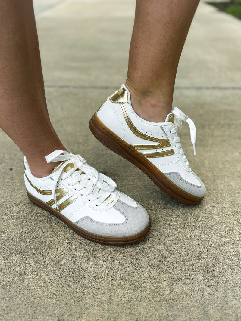 White Sneakers with Gold Trim
